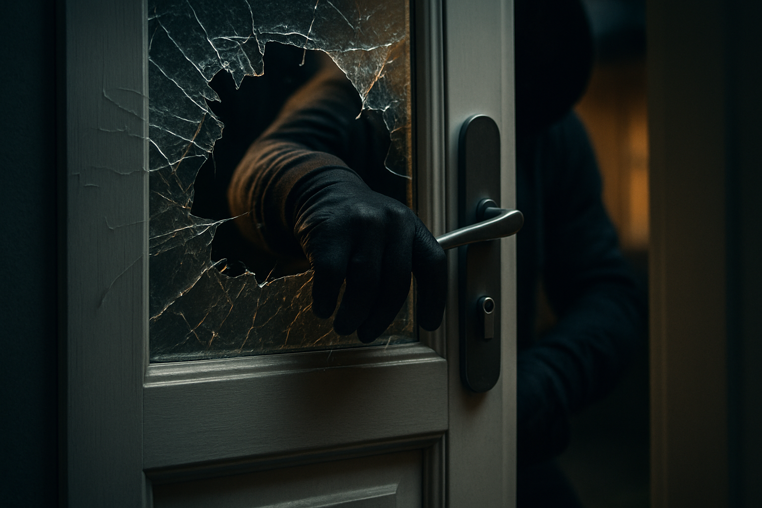Dramatic break-in scene showing shattered glass door with intruder's hand reaching through